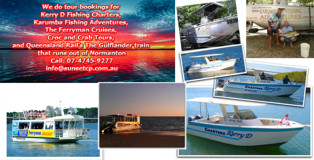 Kerry D Fishing, Ferryman Cruises, Croc and Crab Tours, Rails Gulflander train Karumba Point Sunset Caravan Park