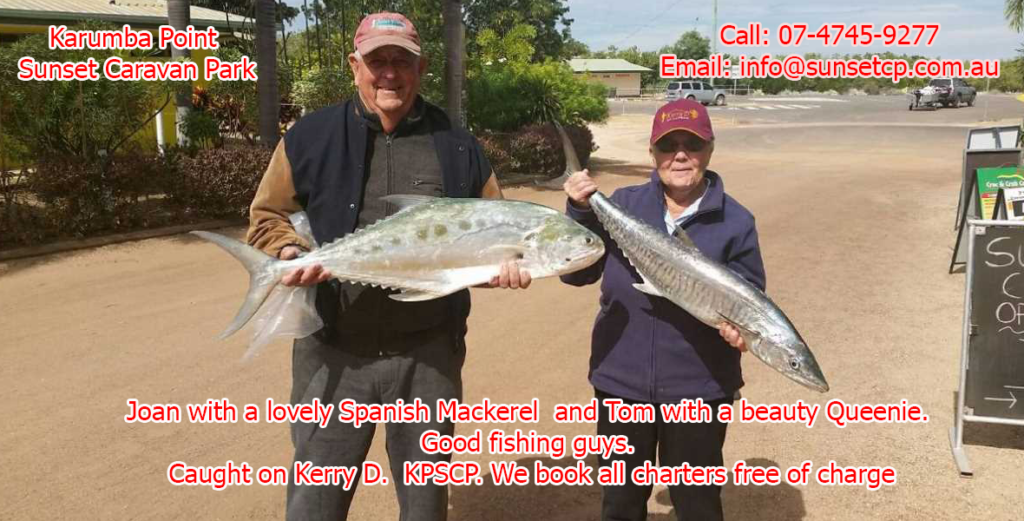 Joan with a lovely Spanish Mackerel and Tom with a beauty Queenie at Karumba Point Sunset Caravan Park