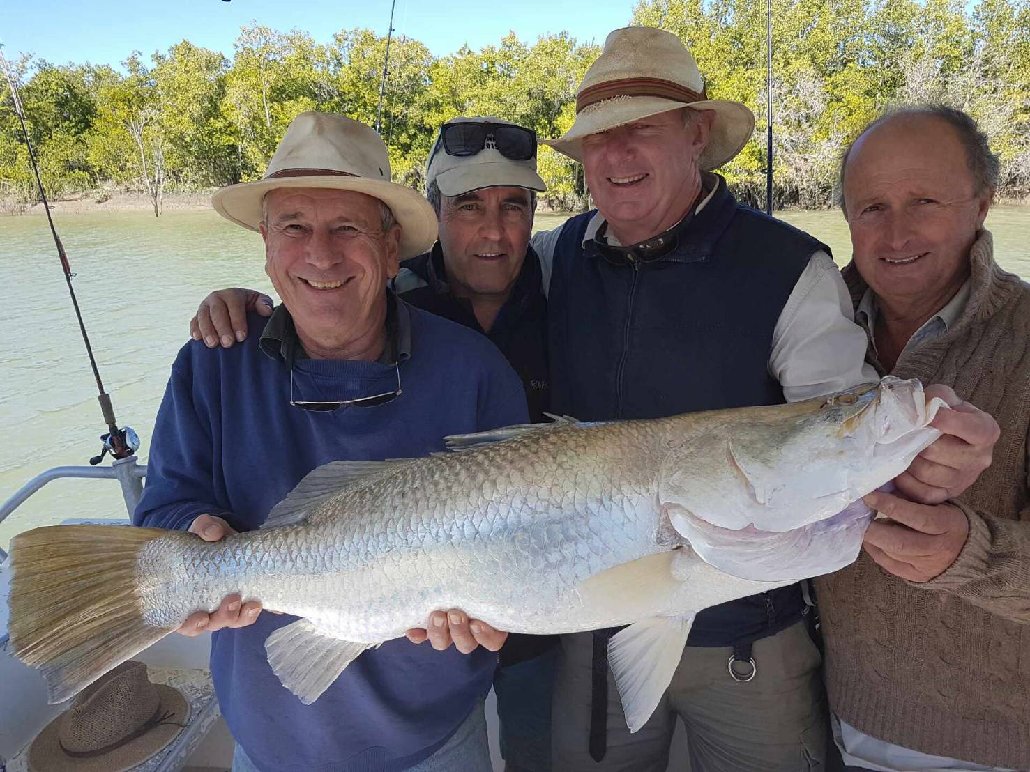The boys out on Kerry D with another great Barra. Well done guys. Paul is the Captain The boat is Kerry D and the best park in the outback is Karumba Point Sunset Caravan Park. And we have the tastiest and best Pizzas in Queensland. And our service and accommodation is second to none.